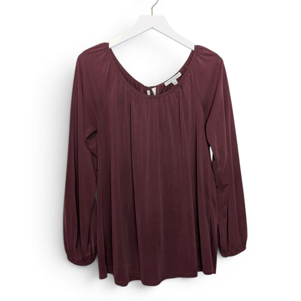 GREEN ENVELOPE Los Angeles Scoop Neck Keyhole Ballon Sleeves Top in Merlot - L